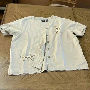 Vintage ERIKA Collection Linen Cotton Blend Floral Shirt Blouse Cream XL
